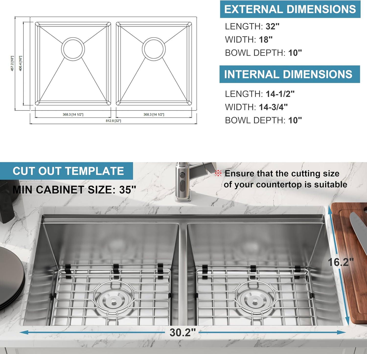 32 Inch Undermount Workstation Handmade Double Bowl Kitchen Sink, 16 Gauge 304 Stainless Steel 50/50 Large Capacity Kitchen Sinks, Ledge and Accessories Included, 32' x 18' x 10'