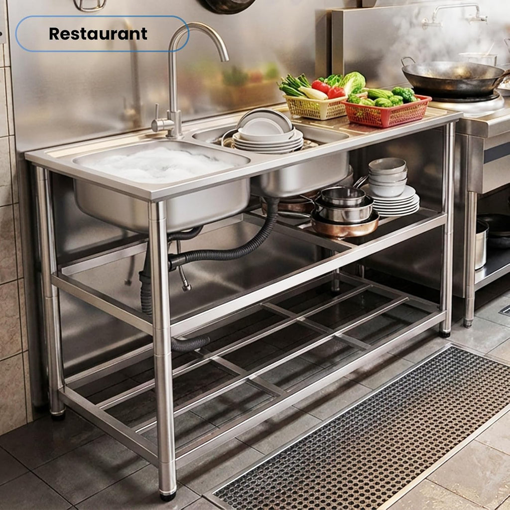 Stainless Steel Commercial Sink with Double Bowls, with 360° Rotation Faucets, Pipe, Workbench, 2-Tier with Storage Shelves Stainless Steel Utility Sink, Freestanding Portable Sink for Home/Restaurant