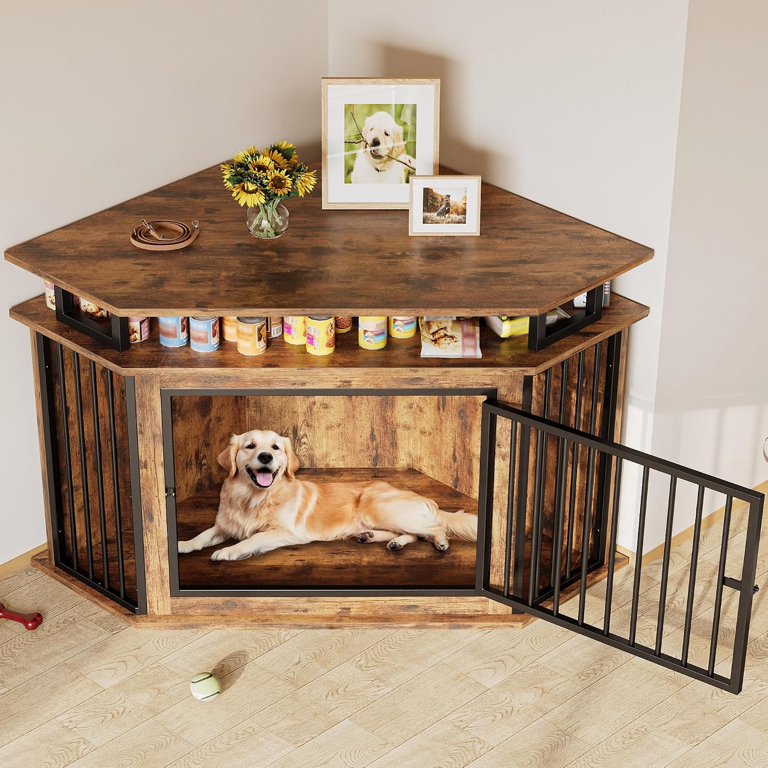 IRONCK Corner Dog Crate Furniture with 2-Tier Shelves – Wooden Pet Kennel for Large Dogs, Space-Saving TV Stand, Rustic Brown (26.7' L x 51.2' W x 33.5' H)