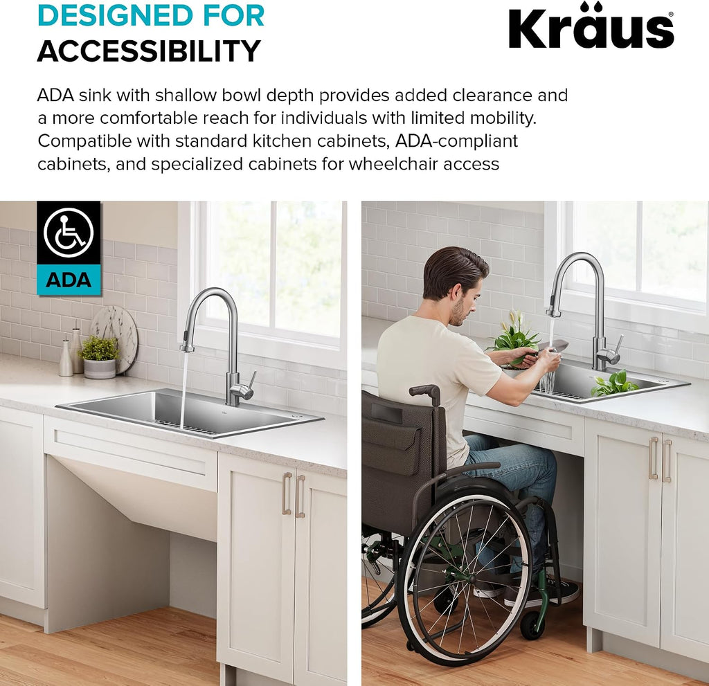 KRAUS Fairlane 33-inch ADA Compliant Drop In/Top Mount Single Bowl 18-Gauge Stainless Steel Kitchen Sink, KHT640-33-5.5