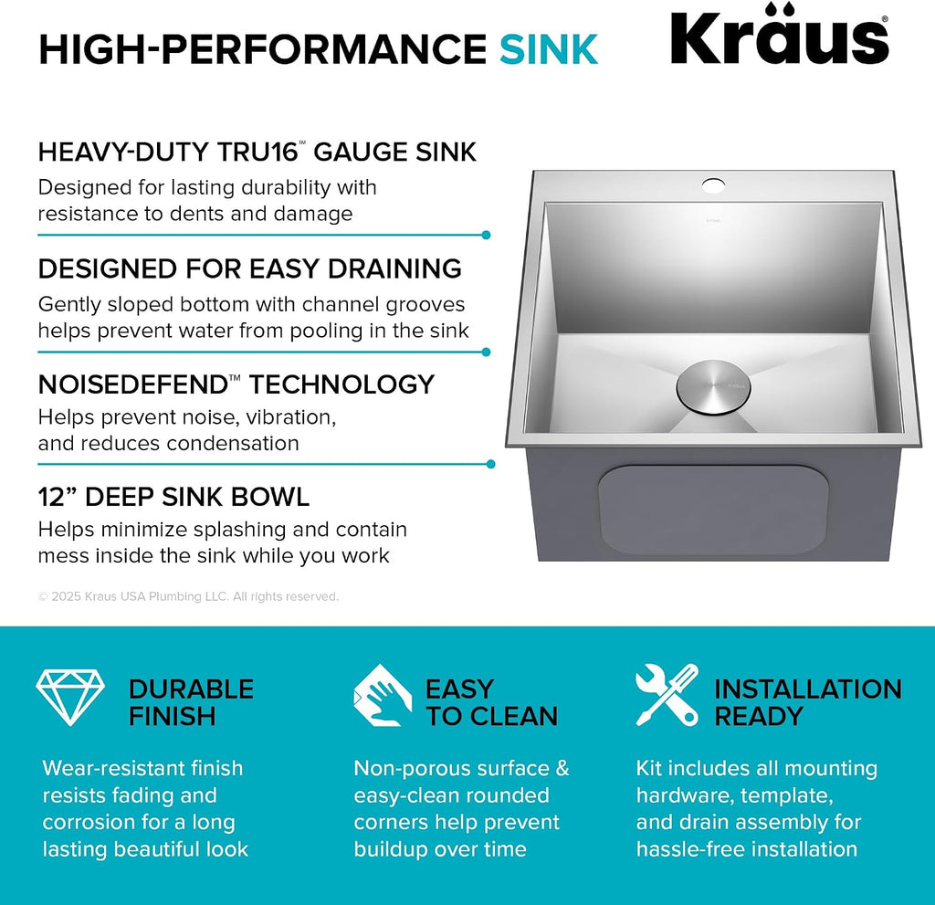 KRAUS Standart PRO 22-inch Drop-In Top Mount 16 Gauge Stainless Steel Single Bowl Laundry Utility Sink, KHT301-22L