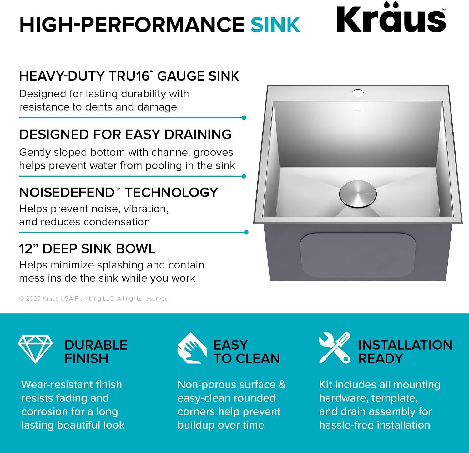 KRAUS Standart PRO 22-inch Drop-In Top Mount 16 Gauge Stainless Steel Single Bowl Laundry Utility Sink, KHT301-22L