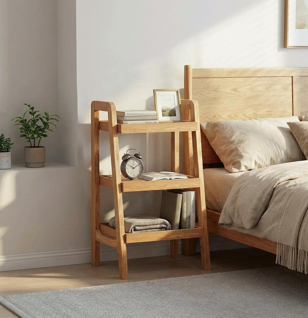 100% Solid Wood 3-Tiers Ladder Shelf, Small Bookcase, Ladder Bookshelf, End/Side Table for Living Room, Display Storage Open Shelf for Bedroom Kitchen Bathroom (Natural Color)