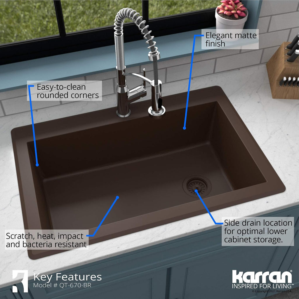 Karran QT-670 Drop-In/Top Mount 33' Single Bowl Granite Quartz Composite Kitchen Sink in Brown Right Side Drain, Extra Deep 9' Basin, Heat & Scratch Resistant, Sound Dampening