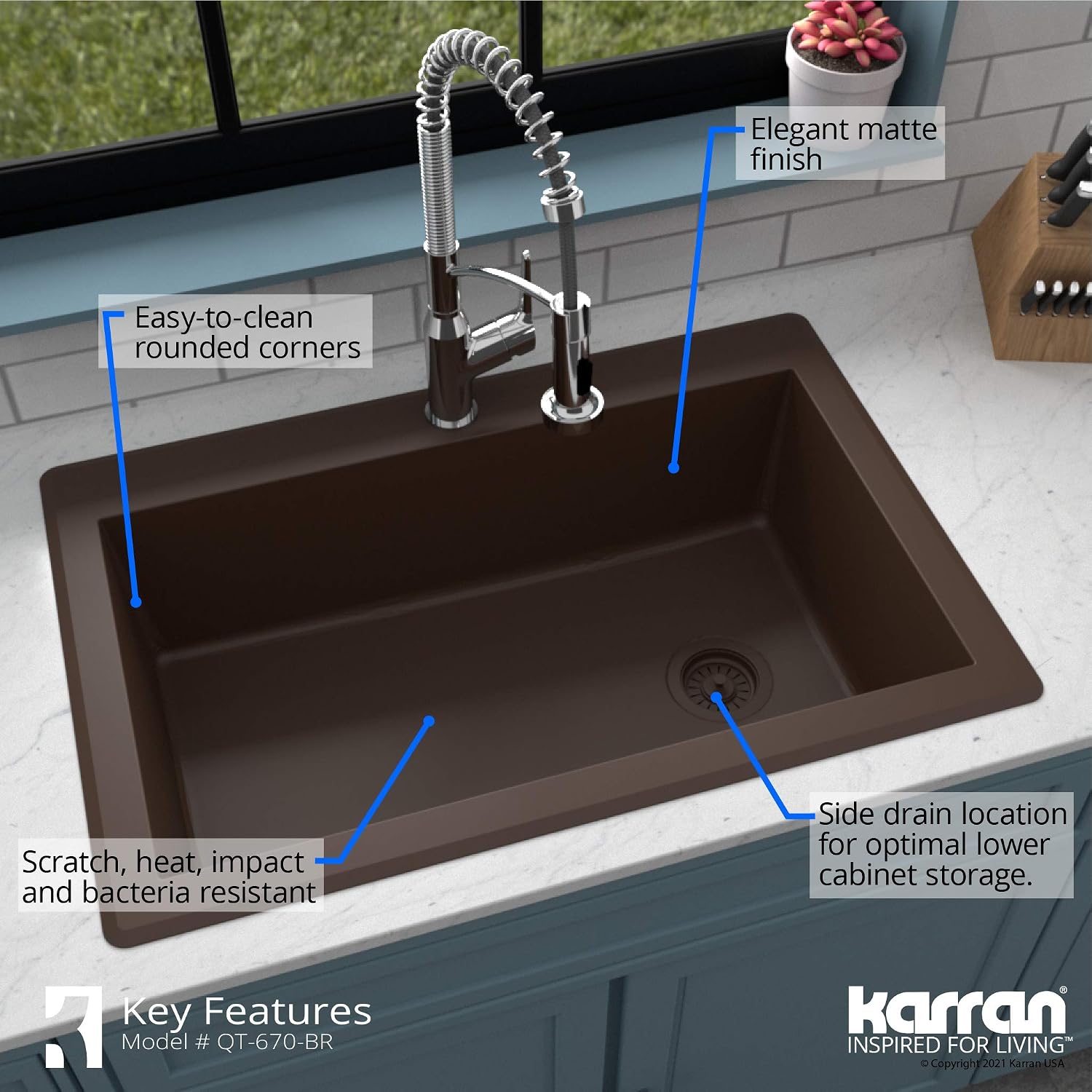 Karran QT-670 Drop-In/Top Mount 33' Single Bowl Granite Quartz Composite Kitchen Sink in Brown Right Side Drain, Extra Deep 9' Basin, Heat & Scratch Resistant, Sound Dampening