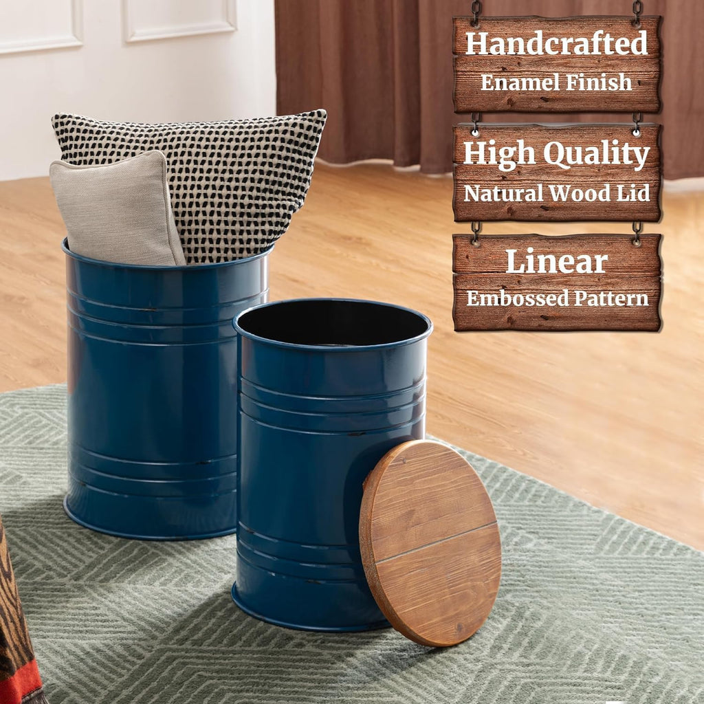 Glitzhome 4-Piece Galvanized Side Table Set, Metal Farmhouse Barrel Toy Box Bins with Round Wood Lid, Rustic Ottoman Seat Stool with Large Storage Space, for Living Room, Bedroom,Nary Blue