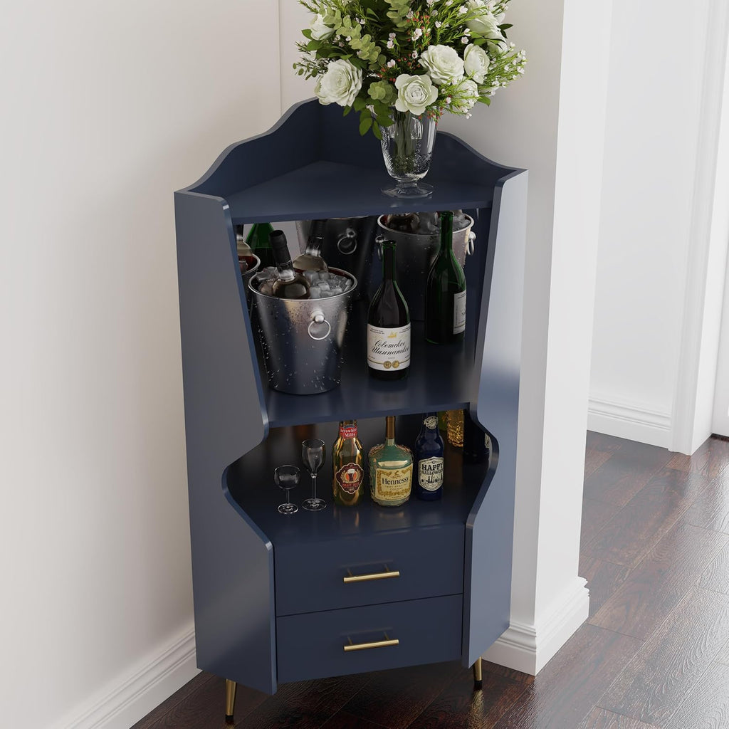 GDFStudio Wooden Corner Shelf Cabinet, Mirrored Back Coffee Bar Cabinets with Drawers & Open Storage, High Feet Corner Wine Rack Liquor Stand Kitchen Storage Cabinet for Living Room Dining Room, Blue