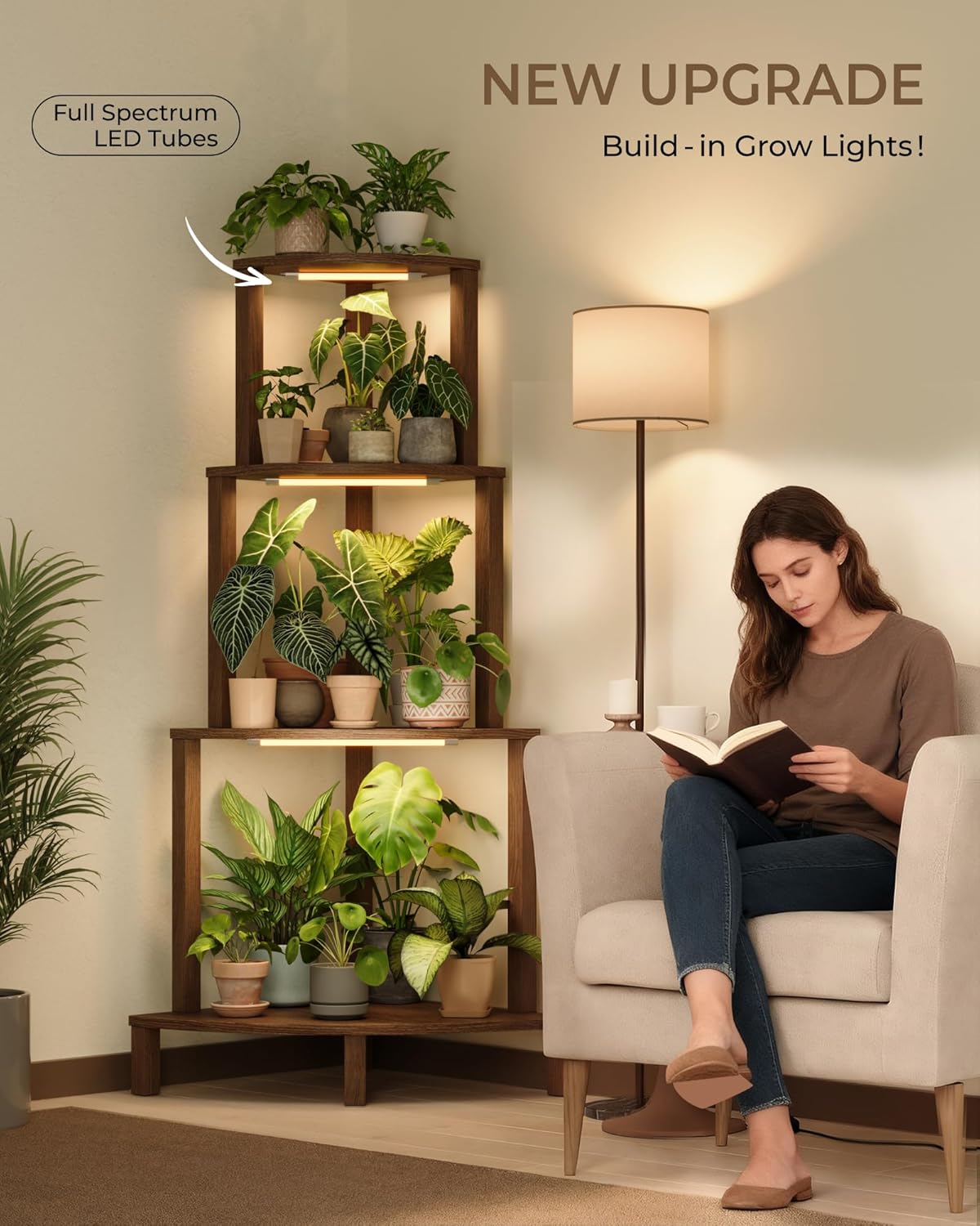 Bamworld Corner Plant Stand with Grow Lights 4-Tier Plant Stand Indoor Wood Plant Stand with Grow Light Tall Shelves Garden Decor for Living Room Balcony