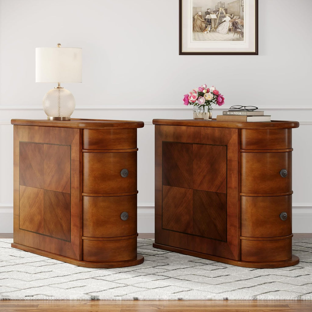 Wood End Table with 2 Drawers, No Assembly Required Narrow Sofa Side Table for Living Room, Vintage Slim Nightstand Bedside Table for Bedroom (2 Drawers, Brown, 1Pc)