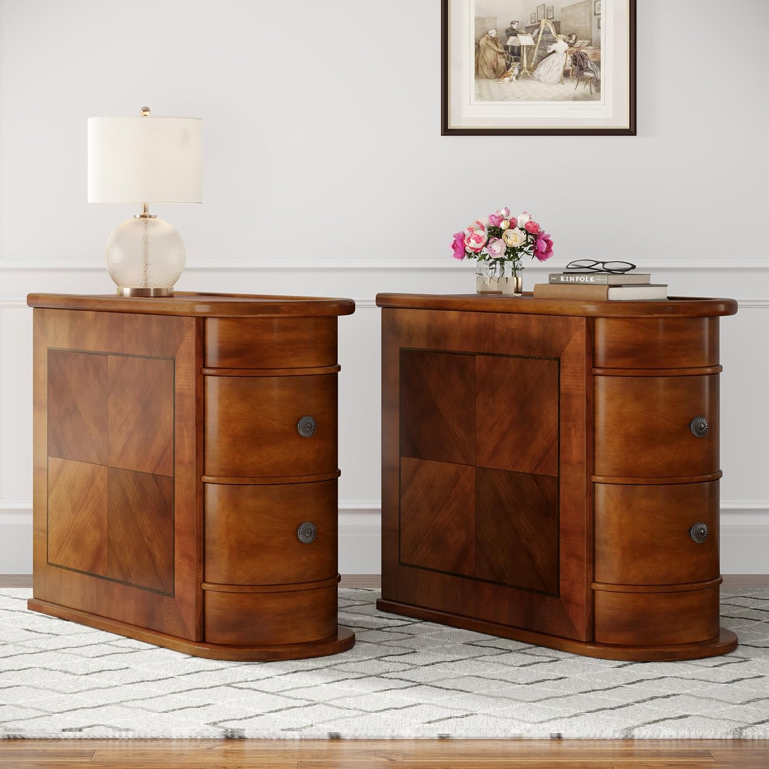 Wood End Table with 2 Drawers, No Assembly Required Narrow Sofa Side Table for Living Room, Vintage Slim Nightstand Bedside Table for Bedroom (2 Drawers, Brown, 1Pc)