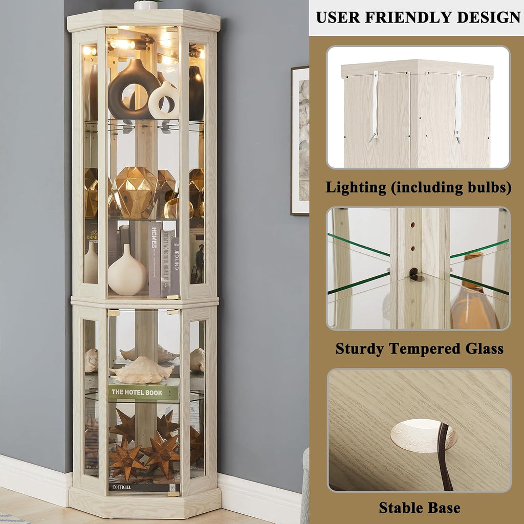 69' H Lighted Corner Curio Cabinet, 5-Tier Curio Glass Display Cabinet w/Door & Adjustable Glass Shelves, Wooden Display Showcase Corner Storage Cabinet for Living Room(Antique White)