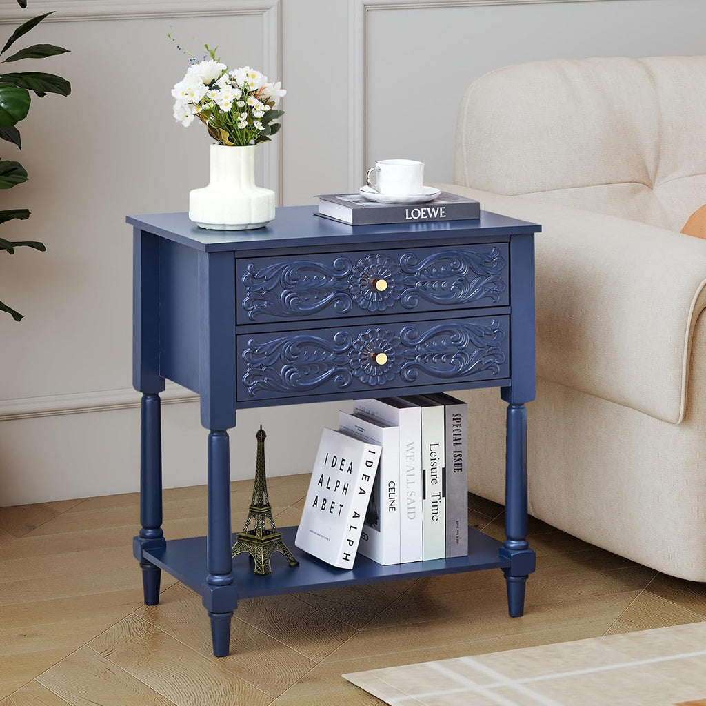 Nightstand, Farmhouse Bedside Table with 2 Drawers and Open Shelf, Wood Sofa Side Table End Table Accent Dresser for Bedroom, Living Room (with Shelf, Blue)
