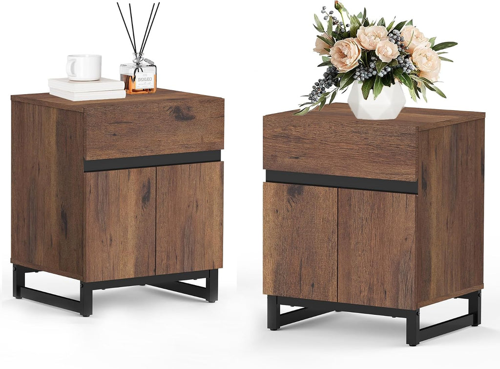 WAMPAT 2 Piece Modern End Table with 1 Drawer & 1 Storage Cabinet, Farmhouse Sofa Table, Wooden Rustic Side Sofa Table with Metal Leg for Living Room, Nighstand for Bedroom, Brown