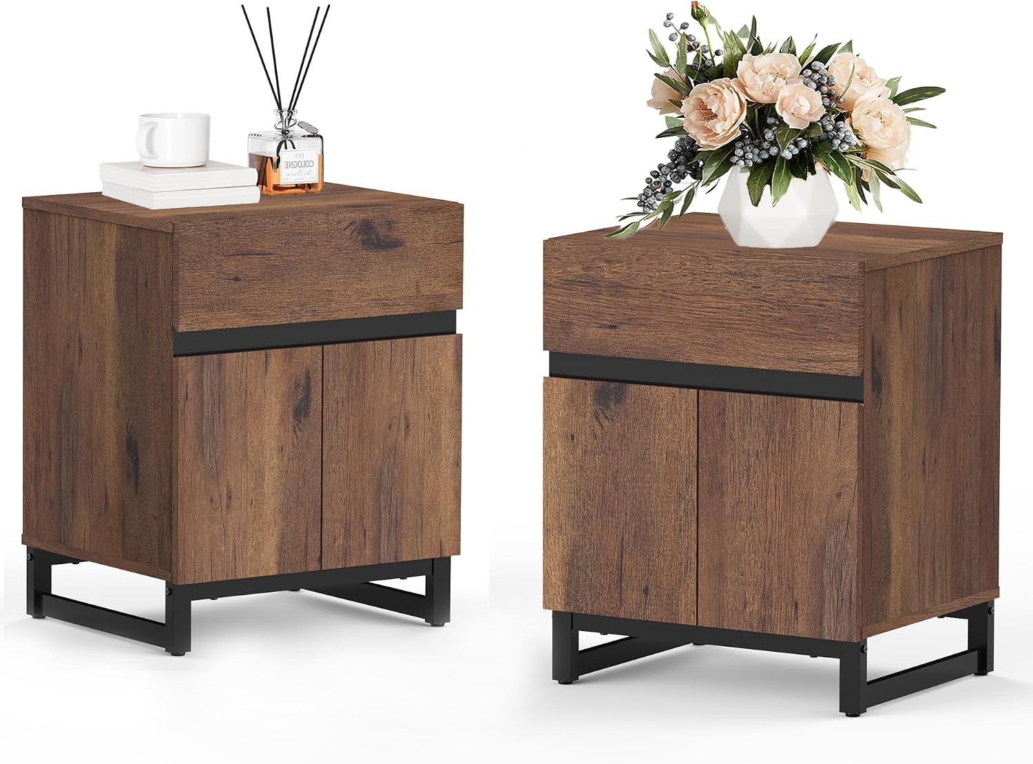 WAMPAT 2 Piece Modern End Table with 1 Drawer & 1 Storage Cabinet, Farmhouse Sofa Table, Wooden Rustic Side Sofa Table with Metal Leg for Living Room, Nighstand for Bedroom, Brown