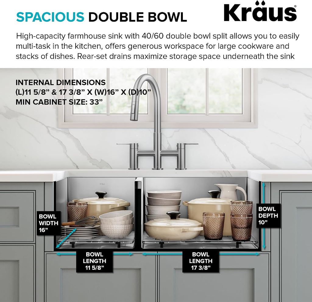 Kraus KHF204-33 Standart PRO Kitchen Stainless Steel Sink, 16 Gauge, 33' Undermount Round Apron 40/60 Double Bowl Kitchen Sink