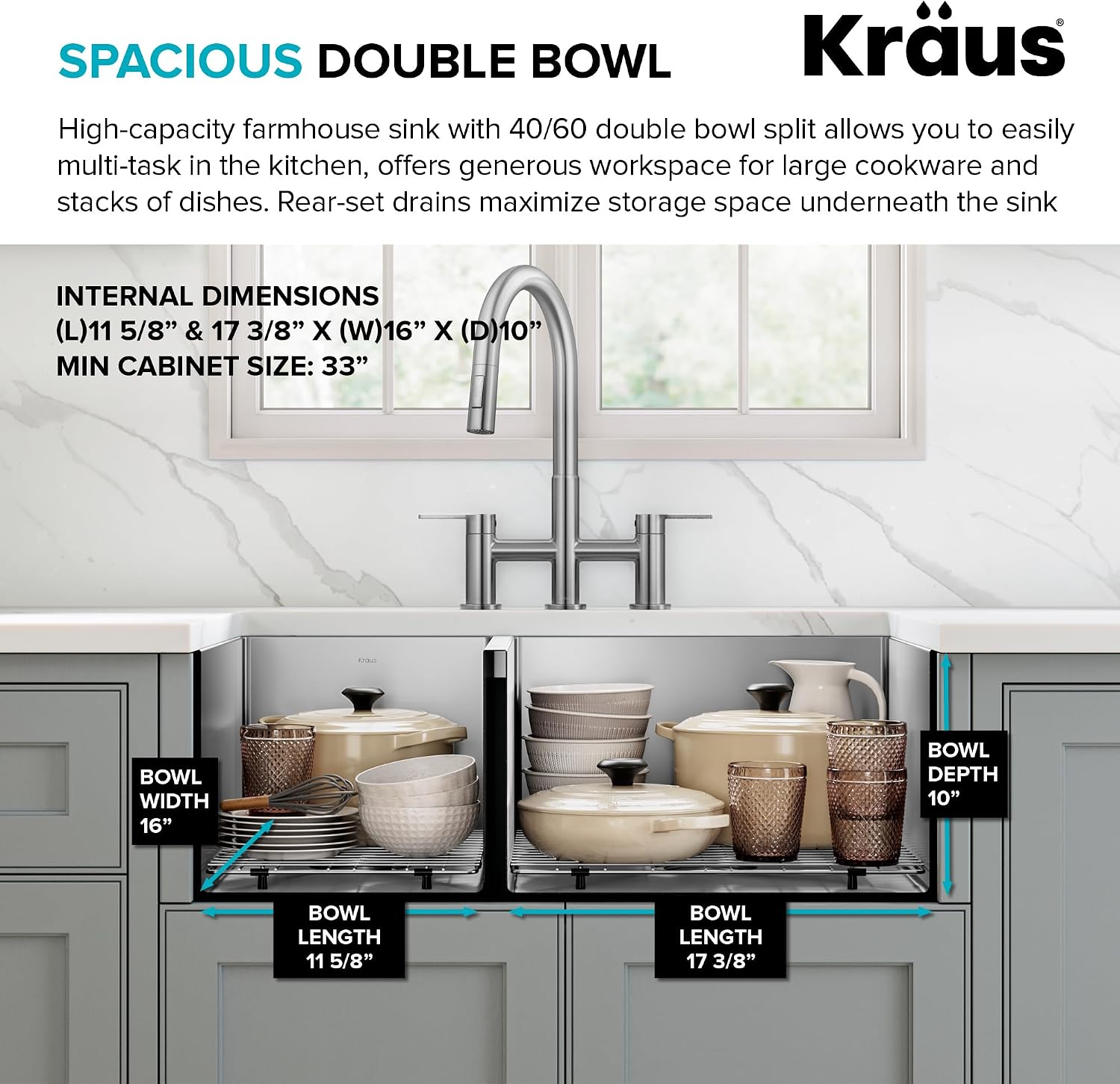 Kraus KHF204-33 Standart PRO Kitchen Stainless Steel Sink, 16 Gauge, 33' Undermount Round Apron 40/60 Double Bowl Kitchen Sink