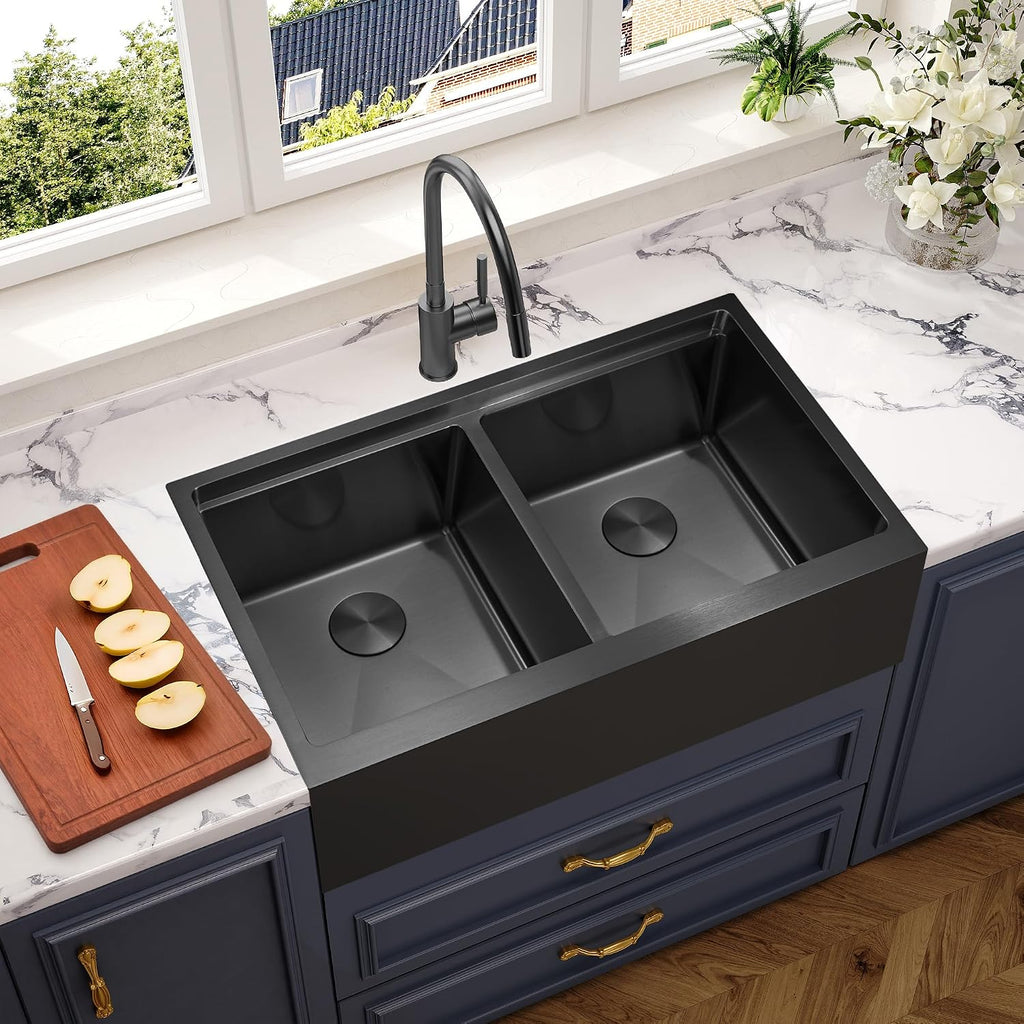 MILOSEN 30 Inch Black Farmhouse Kitchen Sink, 30''x22'' Drop in Black Stainless Steel Workstation Apron Front Sink with Ledge & Accessories, Double Bowl Farm Sinks, 10'' Large and Deep Handmade Sinks