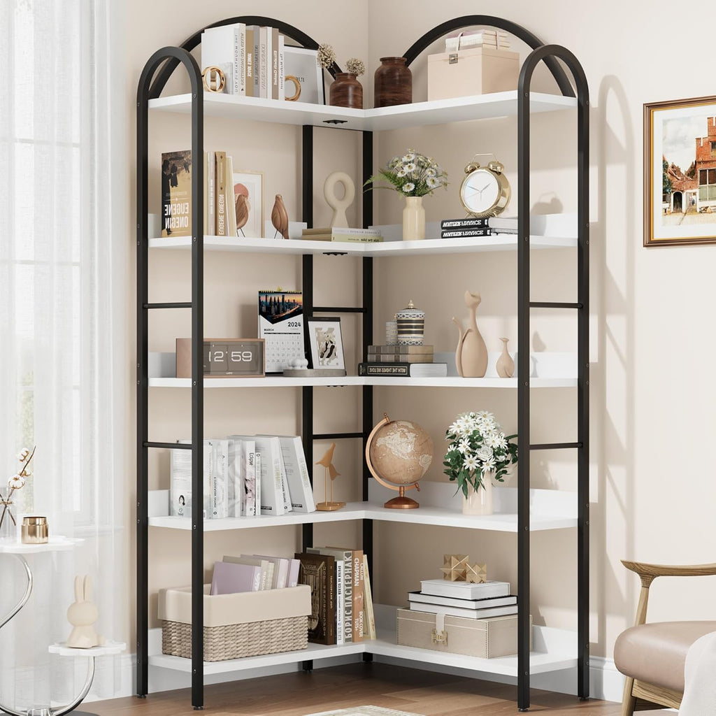 GarveeHome Arched Bookshelf Corner Bookcase, L Shaped Bookshelf Industrial Corner Bookshelves, Large Bookcase with Metal Frame, Corner Shelf Arch Display Rack for Living Room Bedroom