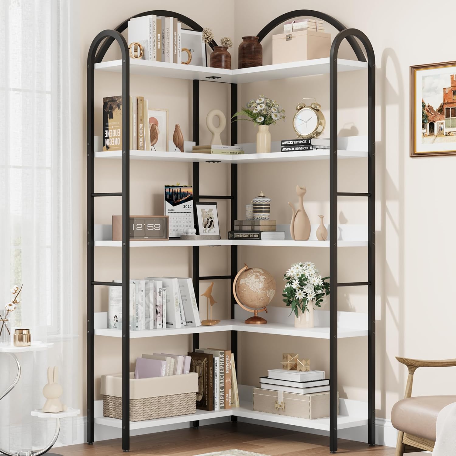 GarveeHome Arched Bookshelf Corner Bookcase, L Shaped Bookshelf Industrial Corner Bookshelves, Large Bookcase with Metal Frame, Corner Shelf Arch Display Rack for Living Room Bedroom