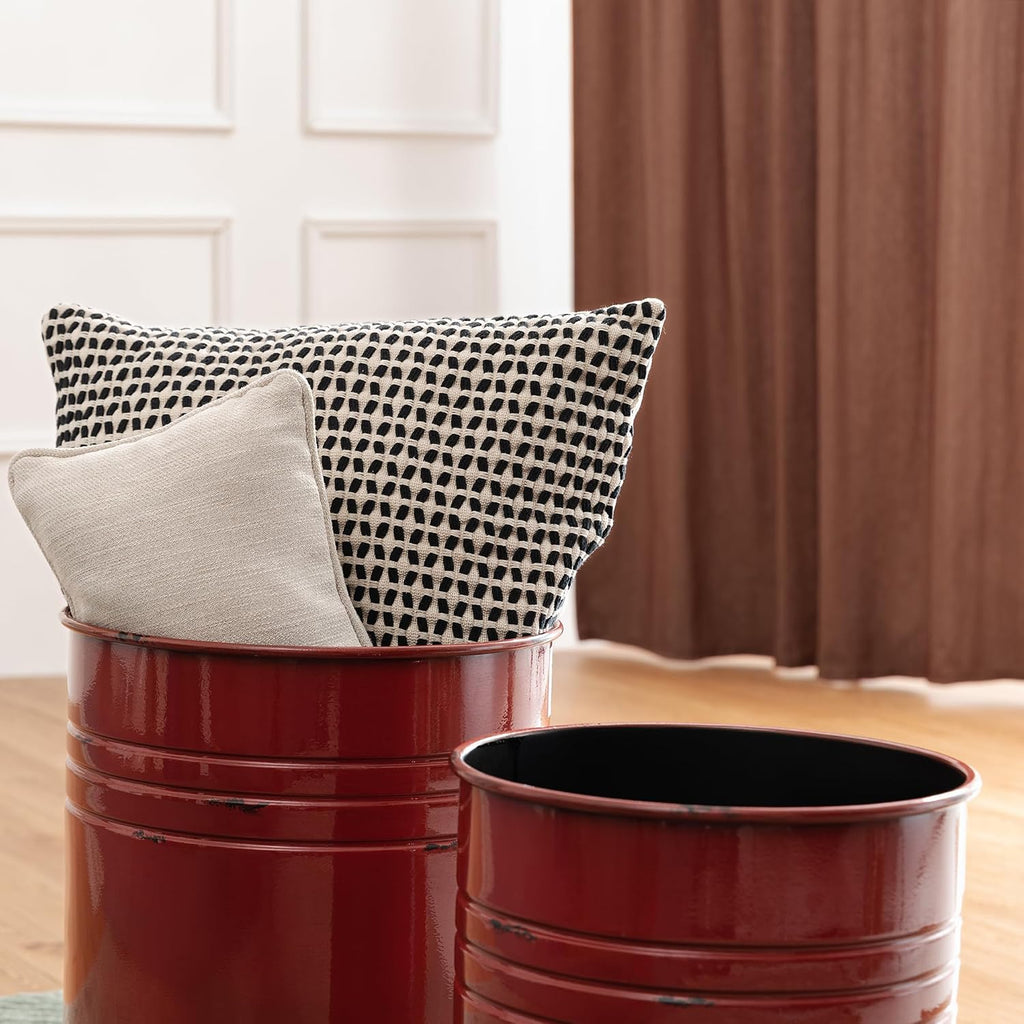 Glitzhome 4-Piece Galvanized Side Table Set, Metal Farmhouse Barrel Toy Box Bins with Round Wood Lid, Rustic Ottoman Seat Stool with Large Storage Space, for Living Room, Bedroom,Red