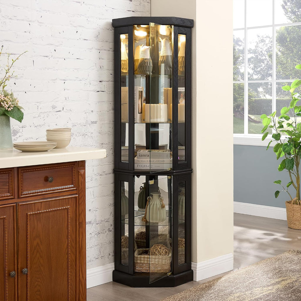 69' H Lighted Corner Curio Cabinet, 5-Tier Curio Glass Display Cabinet w/ 2 Door & Adjustable Glass Shelves, Wooden Display Showcase Corner Storage Cabinet for Living Room (Black)