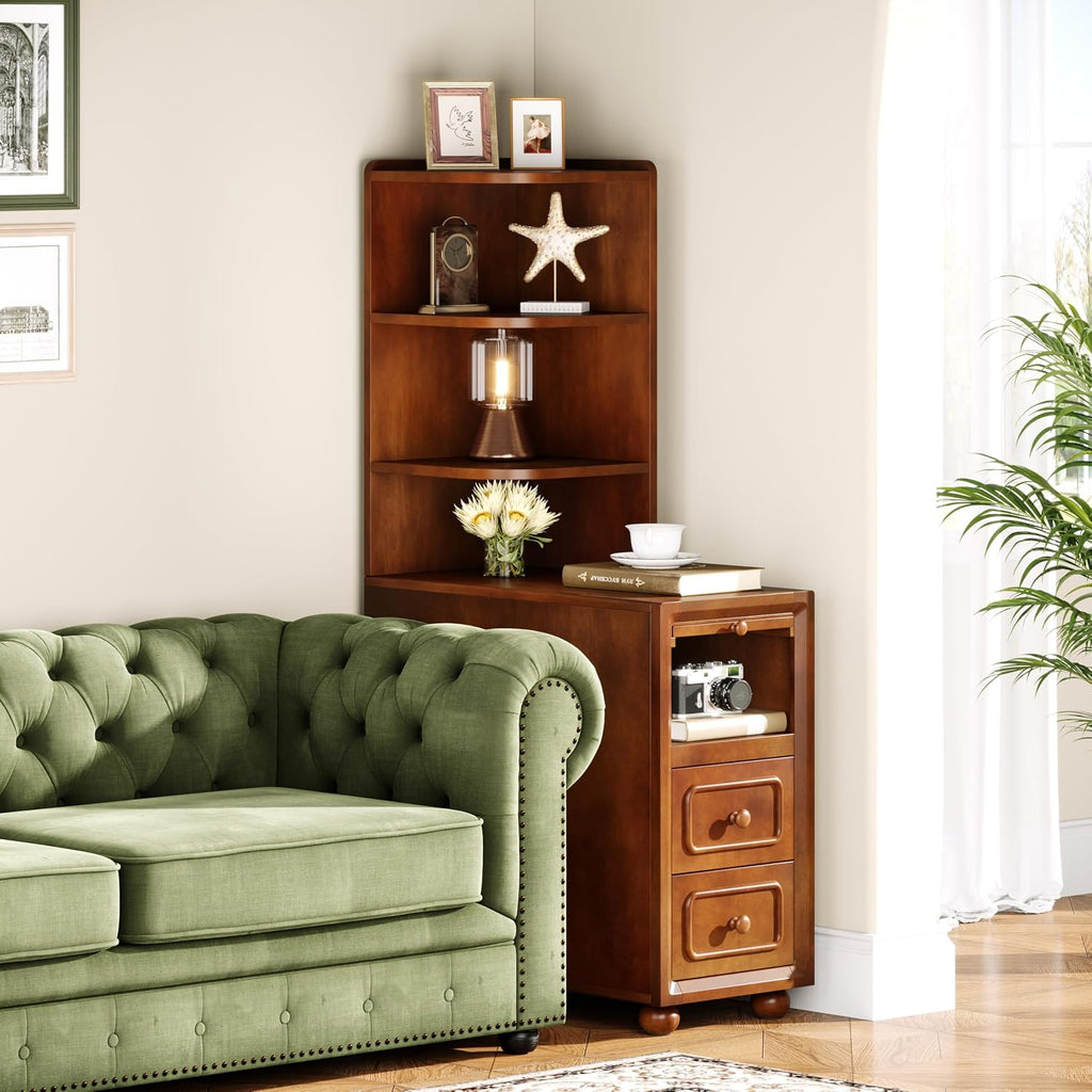 Solid Wood End Table with Drawers and Reversible Corner Shelves, Tall Narrow Side Table with Storage High Slim Chair Solid Side Table, Walnut