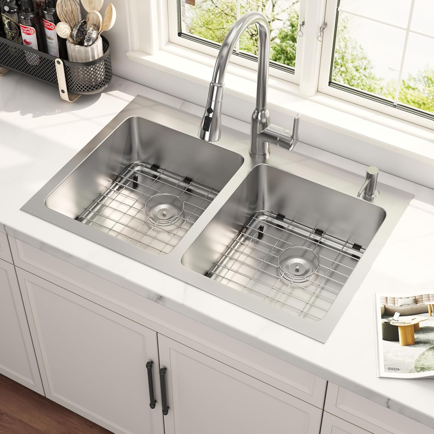 33x22 Drop In Double Bowl Kitchen Sink 16 Gauge Stainless Steel Top Mount Commercial Grade Satin Finish Sinks with Strainer & Grid 33' x 22' x 9'