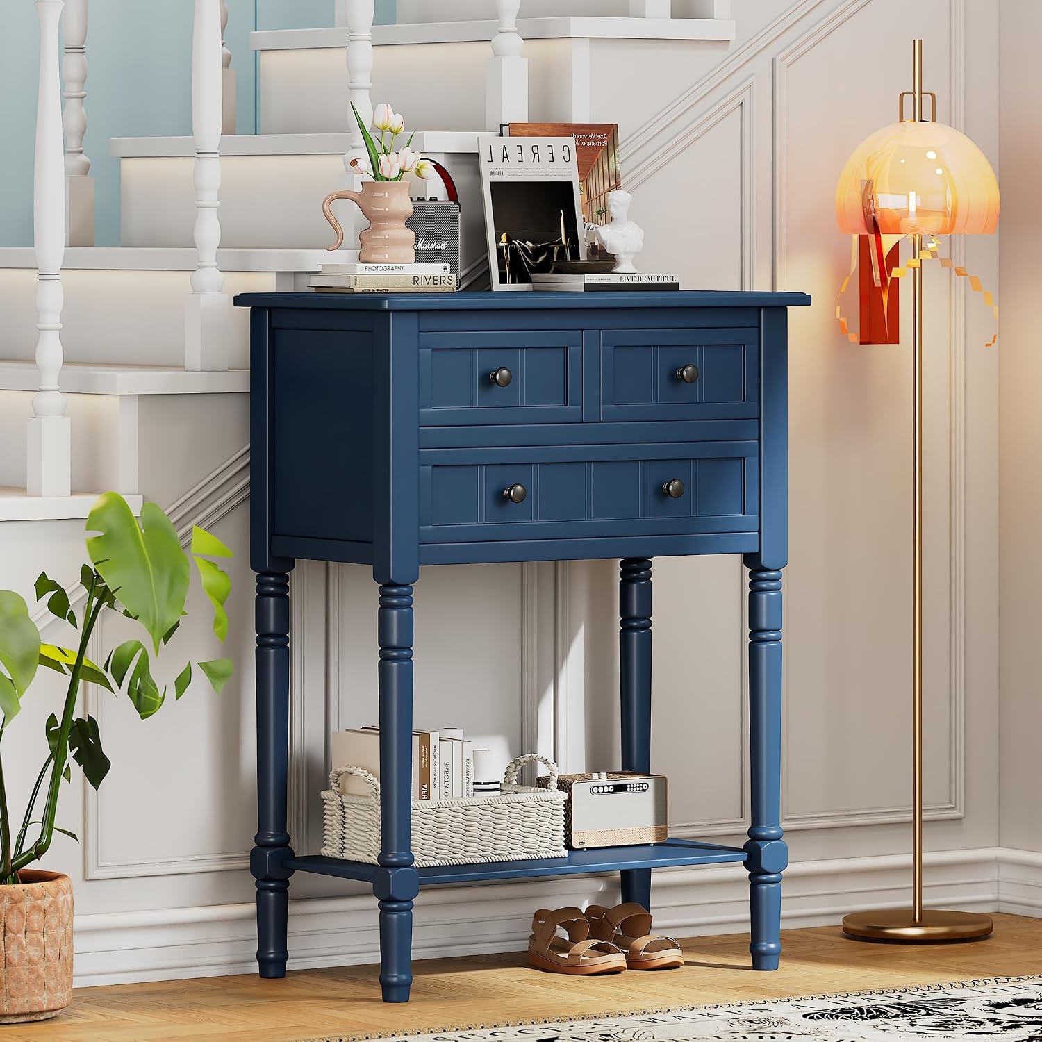 Knocbel Slim Antique Entry Console Table with 3 Drawers & Bottom Open Shelf, Solid Wood Narrow Sofa Couch Table for Entryway Hallway Living Room 23.7' W x 13' D x 31.4' H Navy Blue