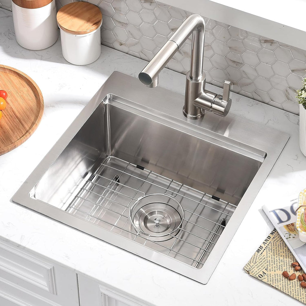 18x18 Drop In Kitchen Sink and Faucet Combo Set - 18 Inch Stainless Steel Small Bar Sink Drop In, 9 Inch Deep Small Single Bowl Kitchen Sinks Workstation with Accessories
