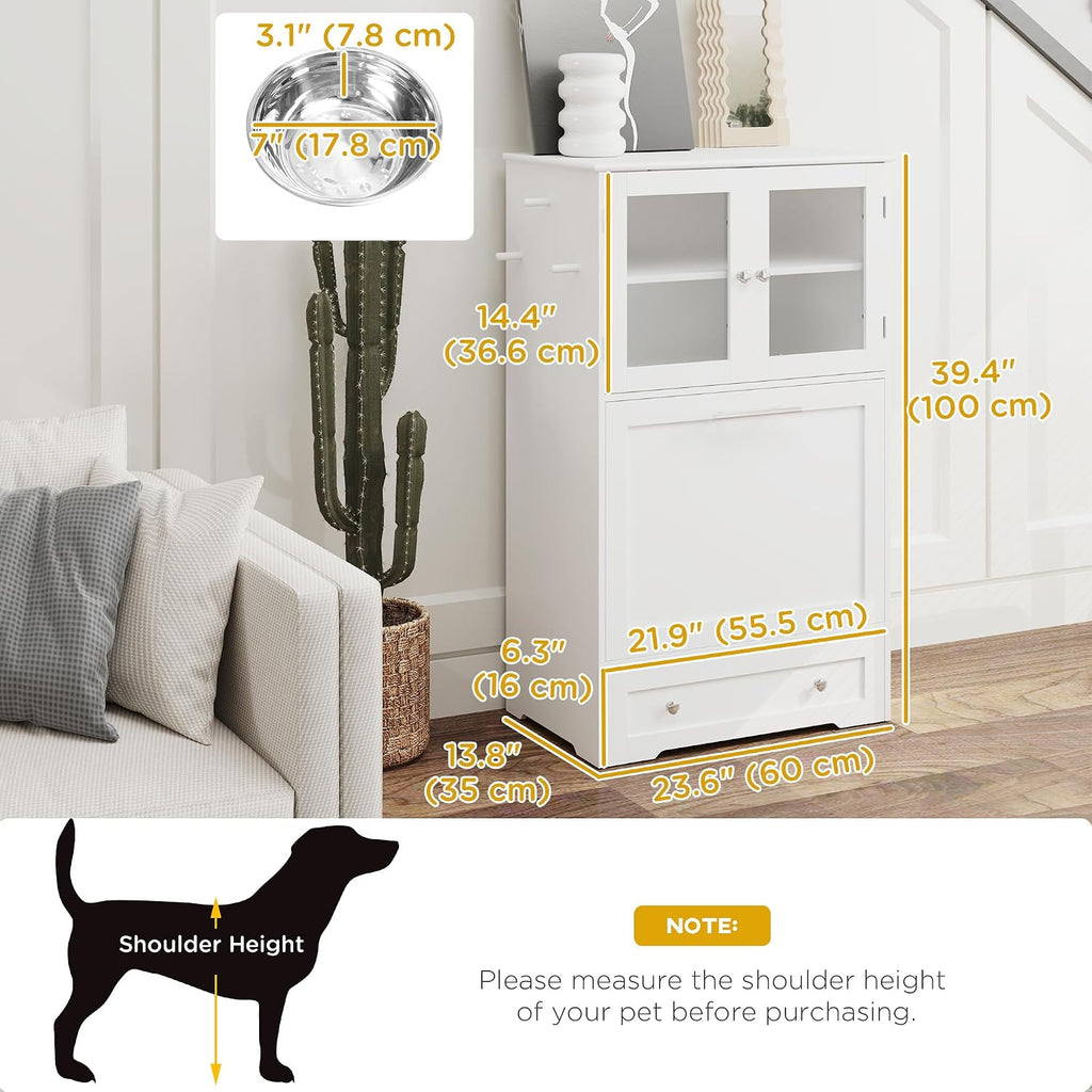 PawHut Dog Feeding Station with 2 Storage Cabinets, Elevated Dog Bowls, Side Hooks, Anti-tip Kit, Hidden Pet Feeder Station for Feeding & Watering, White