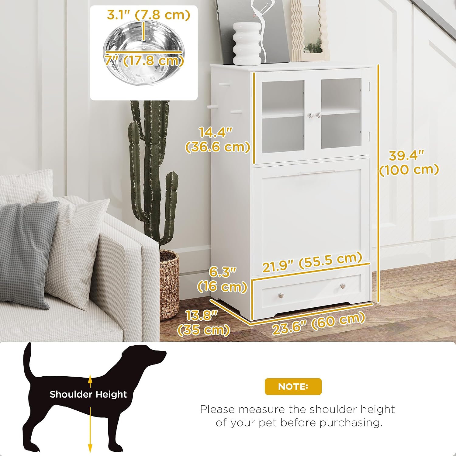 PawHut Dog Feeding Station with 2 Storage Cabinets, Elevated Dog Bowls, Side Hooks, Anti-tip Kit, Hidden Pet Feeder Station for Feeding & Watering, White