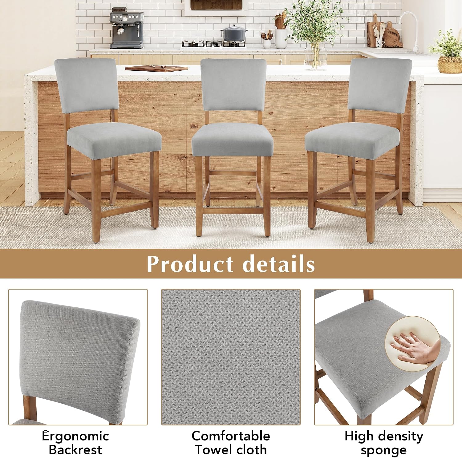 DAGONHIL 24 Inch Counter Height Bar Stools Upholstered Bar,Towel Cloth Fabric Solid Wood Bar Stool (Set of 2 Light Grey)