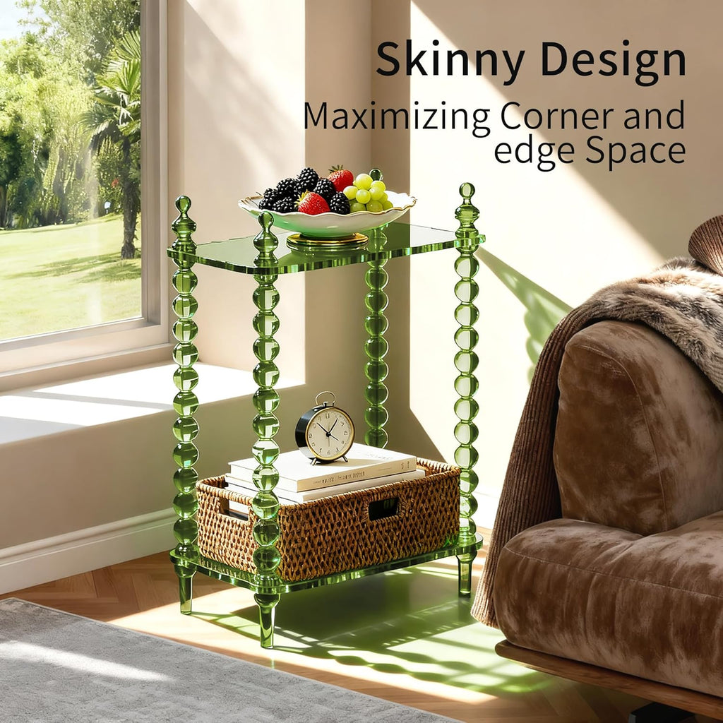 Acrylic Side Table 2-Tier, Clear Nightstand with Storage, Narrow Bedside End Table for Small Spaces (Green, 20.6'×10.4'×26')