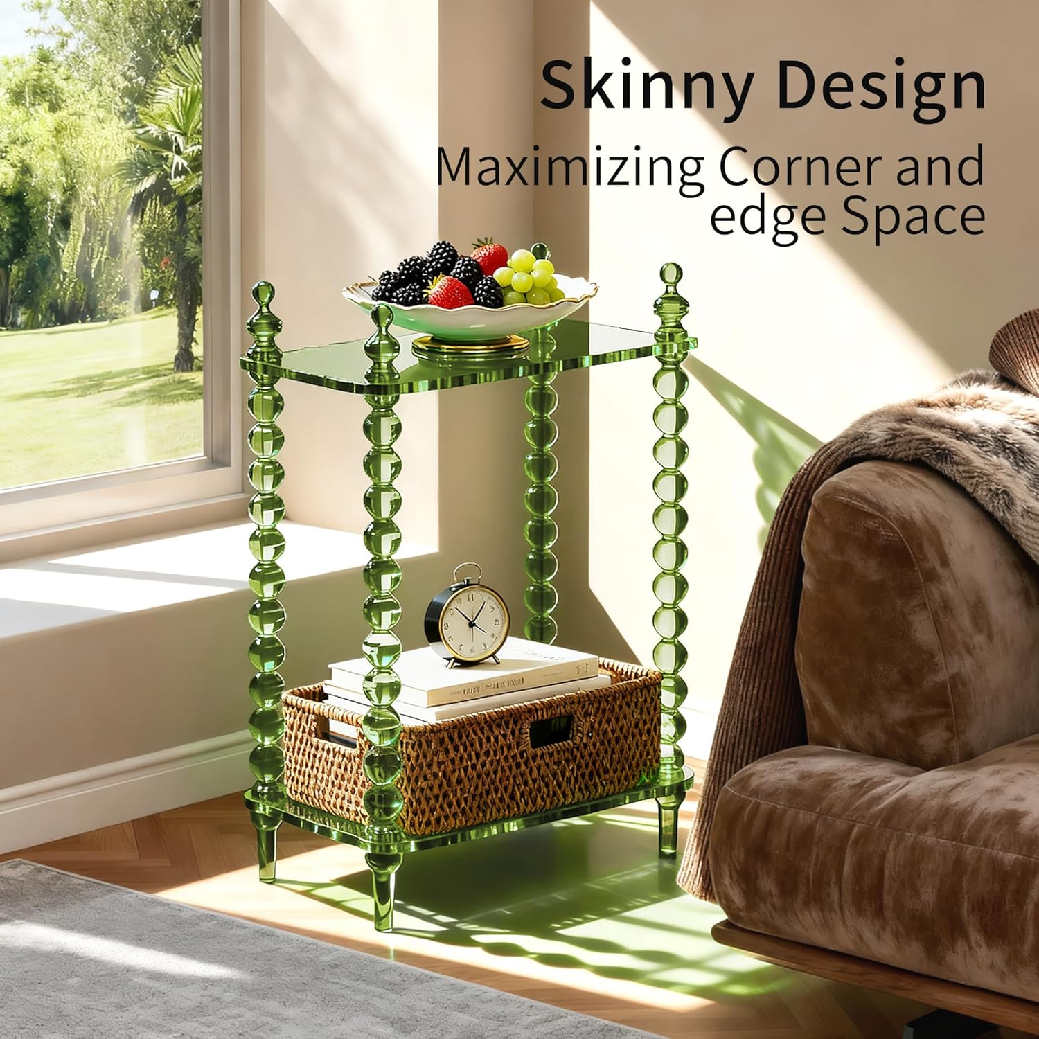 Acrylic Side Table 2-Tier, Clear Nightstand with Storage, Narrow Bedside End Table for Small Spaces (Green, 20.6'×10.4'×26')