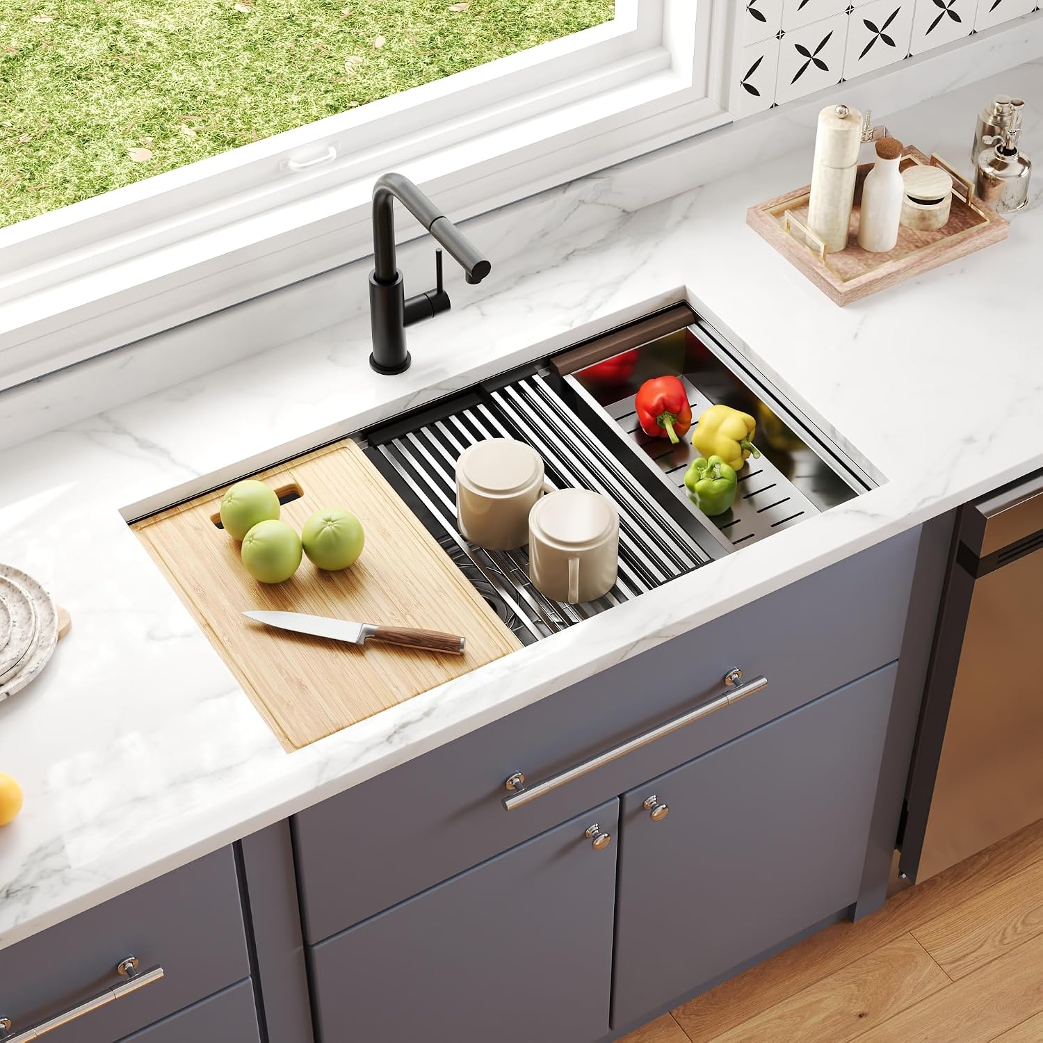 DeerValley Undermount Kitchen Sink Workstation 33 Inch, 16 Gauge Stainless Steel Single Bowl Sink, Handmade with Built-In Accessories, Ledge Design & Cutting Board