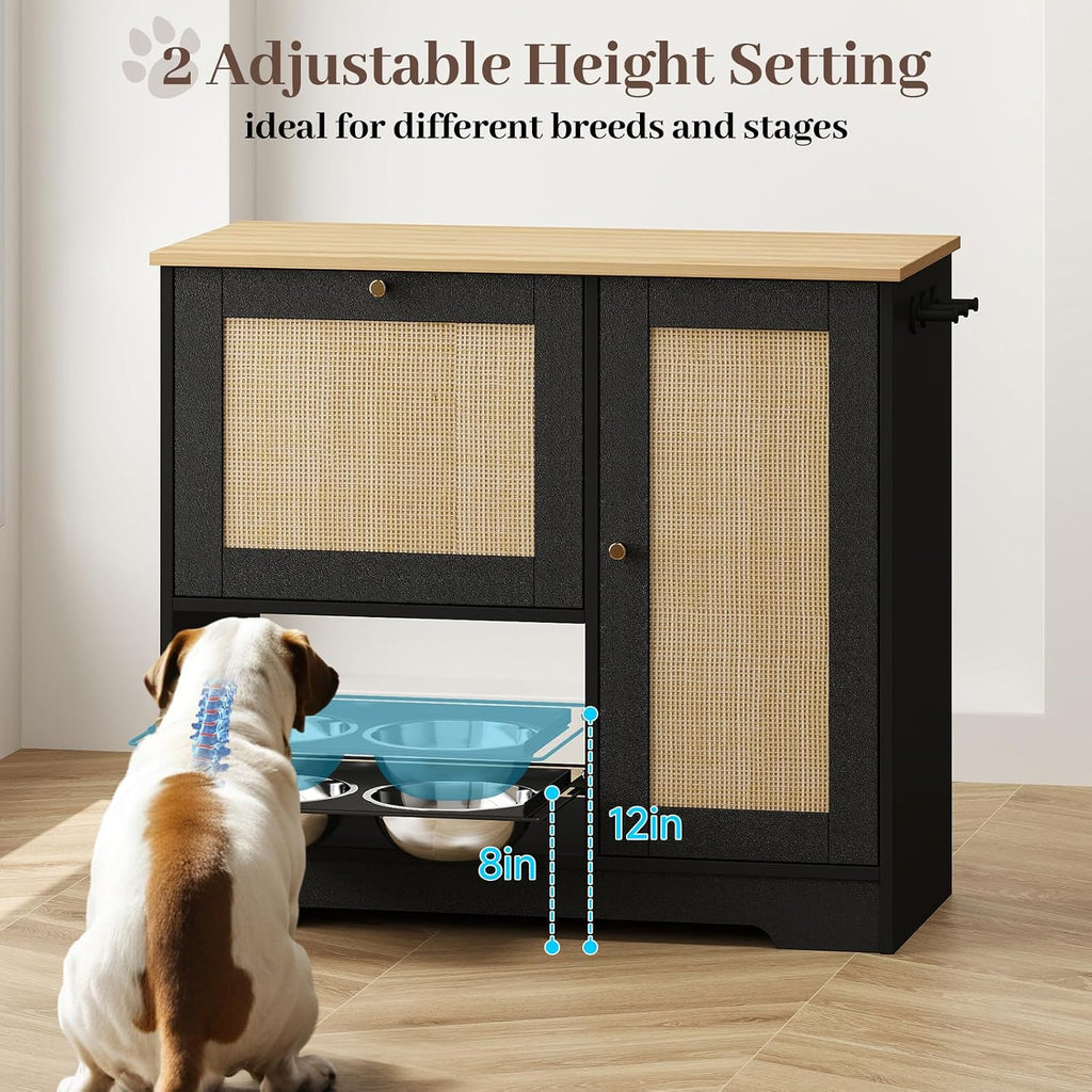 Rovibek Dog Feeding Station with with 2 Elevated Dog Bowls, Dog Food Storage Cabinet with with Storage and Hooks, Hidden Pet Feeder Station Wood for Cats and Dogs, Black