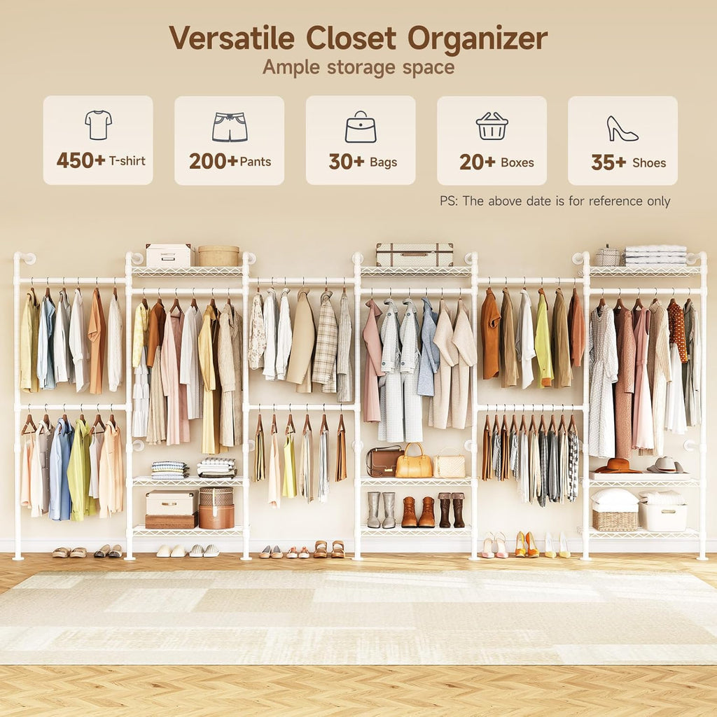 H6 Wall Mounted Closet System, Industrial Pipe Clothes Rack Clothing Racks with 6 Telescopic Rods & 3 Fixing Rods & 9 Shelves, Heavy Duty Closet Organizers and Storage in Wardrobe Closet (White)