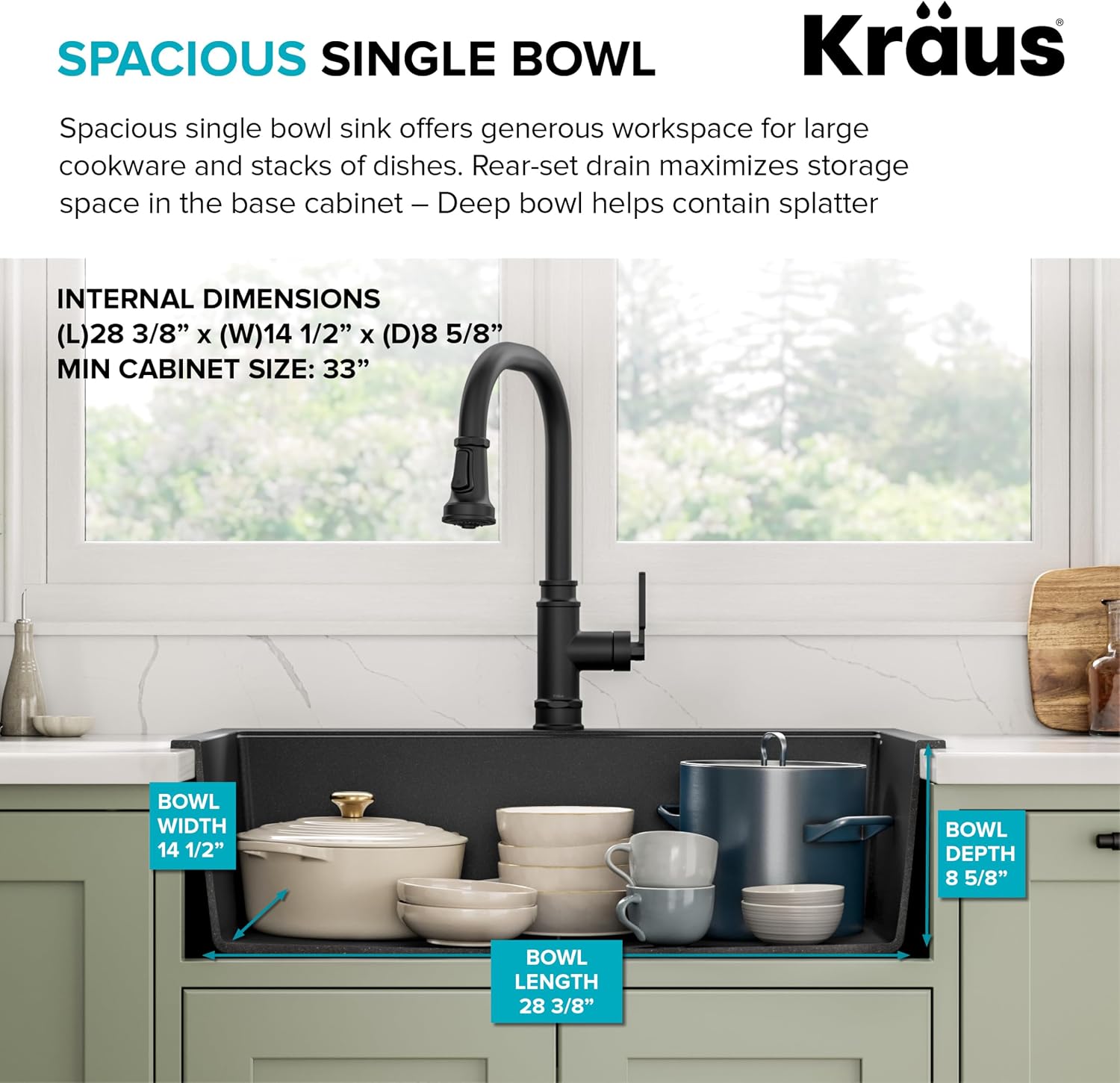 KRAUS Quarza 31-inch Drop-In/Undermount Single Bowl Granite Kitchen Sink in Black Onyx, KGD-412B