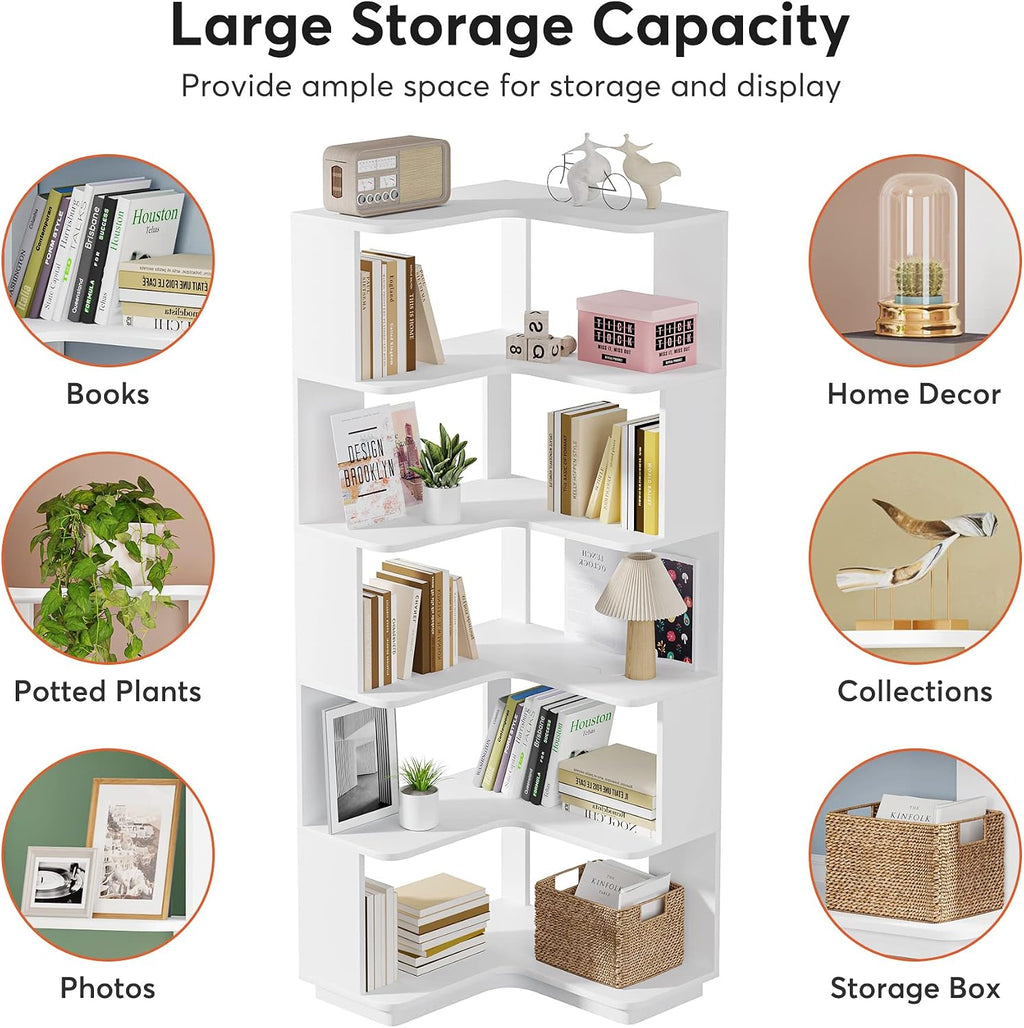 LITTLE TREE Corner Bookshelf, 64.9 Inch Tall Bookcase with Anti-Drop Panel, Modern Freestanding Corner Shelf Display Rack Storage Organizer for Home Office, Living Room, White