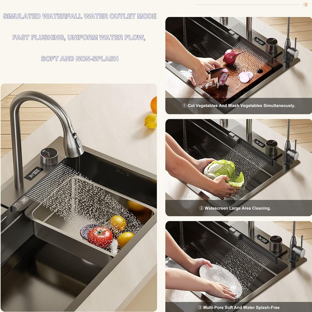 Stainless Steel Kitchen Sink Digital Display Single Bowl Bar Sink Multi-Functional Nano RV Sink with Faucet and Drainage Components (Color : Black, Size : 75x46x22cm) (Black 80x46x22cm)