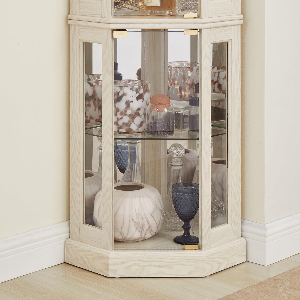 69' H Lighted Corner Curio Cabinet, 5-Tier Curio Glass Display Cabinet w/Door & Adjustable Glass Shelves, Wooden Display Showcase Corner Storage Cabinet for Living Room(Antique White)