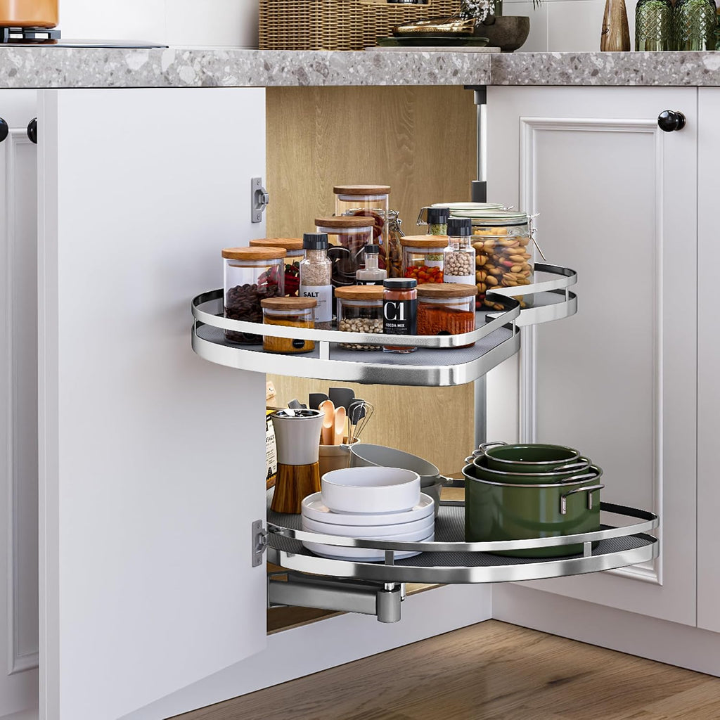 DWVO Corner Cabinet Pull-Out Organizer, 2-Tier Blind Corner Shelf with 270° Swing-Out Tray, Left Swing, Heavy-Duty Chrome Plated Iron, 32.7'x17.3'x21.3', Gray