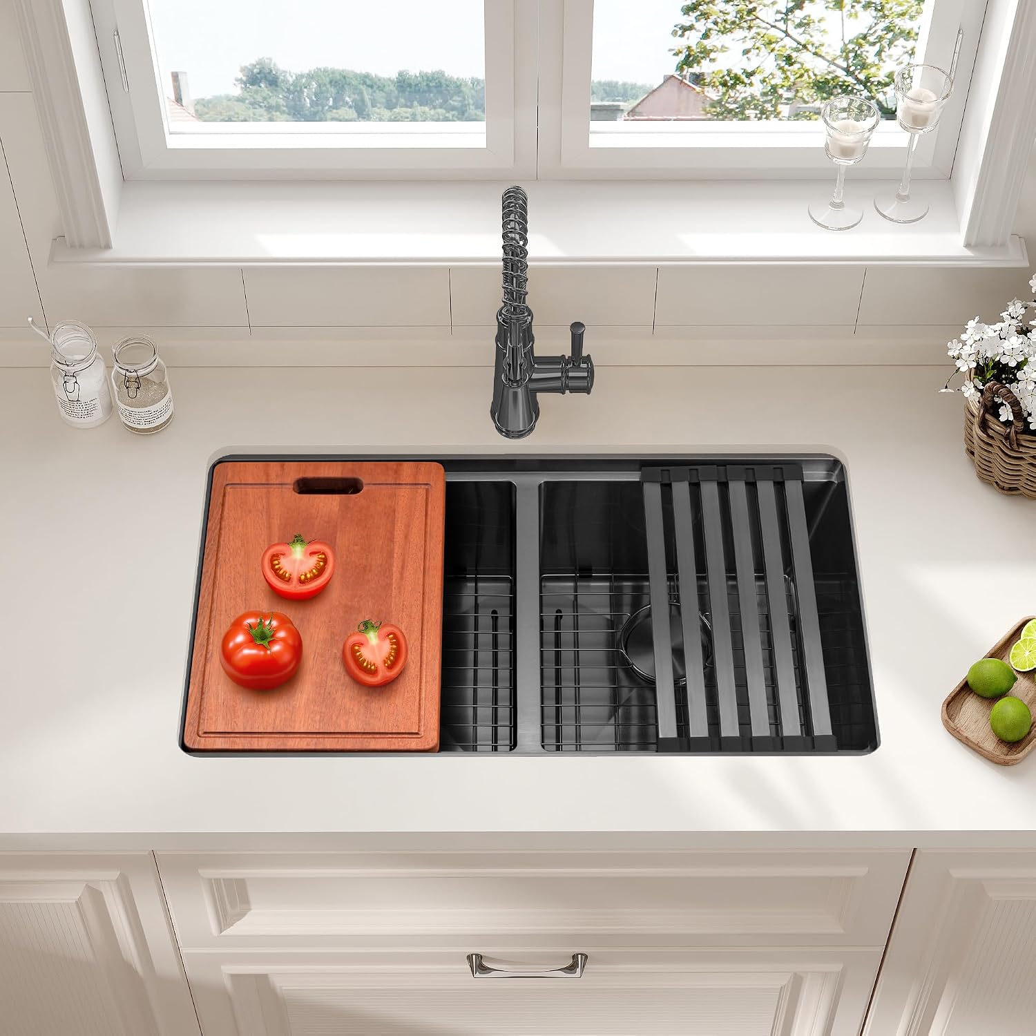 LQS Black Stainless Steel Kitchen Sink, 30 Inch Undermount Kitchen Sink, 50/50 Black Undermount Kitchen Sink with 10' Depth, X-Shaped Drain Line, Dual Mount Design and Round Corner