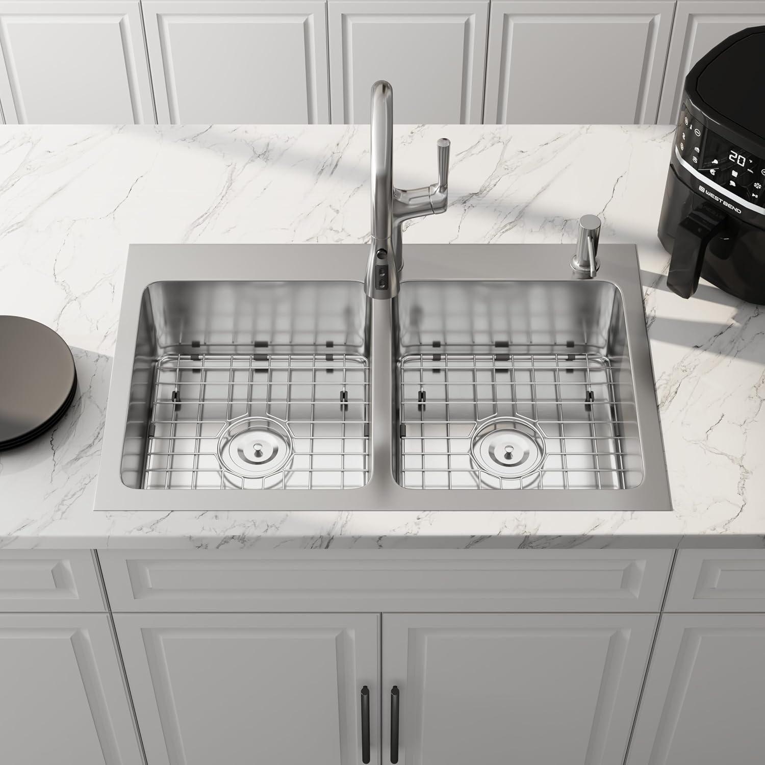 33x22 Drop In Double Bowl Kitchen Sink, 33 Inch Topmount 16 Gauge 304 Stainless Steel, Commercial Grade Large Capacity 50/50 Kitchen Sinks with Strainer and Grid, 33' x 22' x 9'