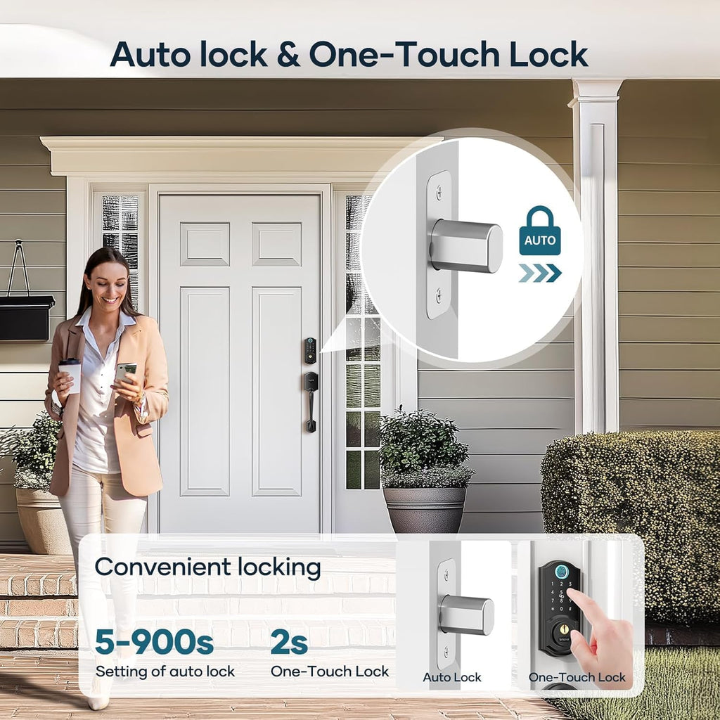 Smart Lock Front Door Set - SMONET Keyless Entry Door Lock with Handle Smart Front Door Lock Set Fingerprint Smart Deadbolt Bluetooth Electronic Digital Keypad Lock Auto Compatible with Alexa