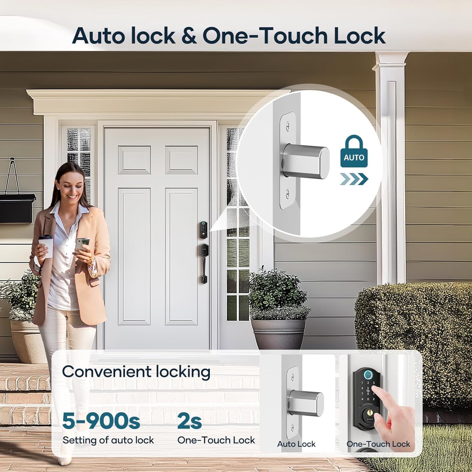Smart Lock Front Door Set - SMONET Keyless Entry Door Lock with Handle Smart Front Door Lock Set Fingerprint Smart Deadbolt Bluetooth Electronic Digital Keypad Lock Auto Compatible with Alexa
