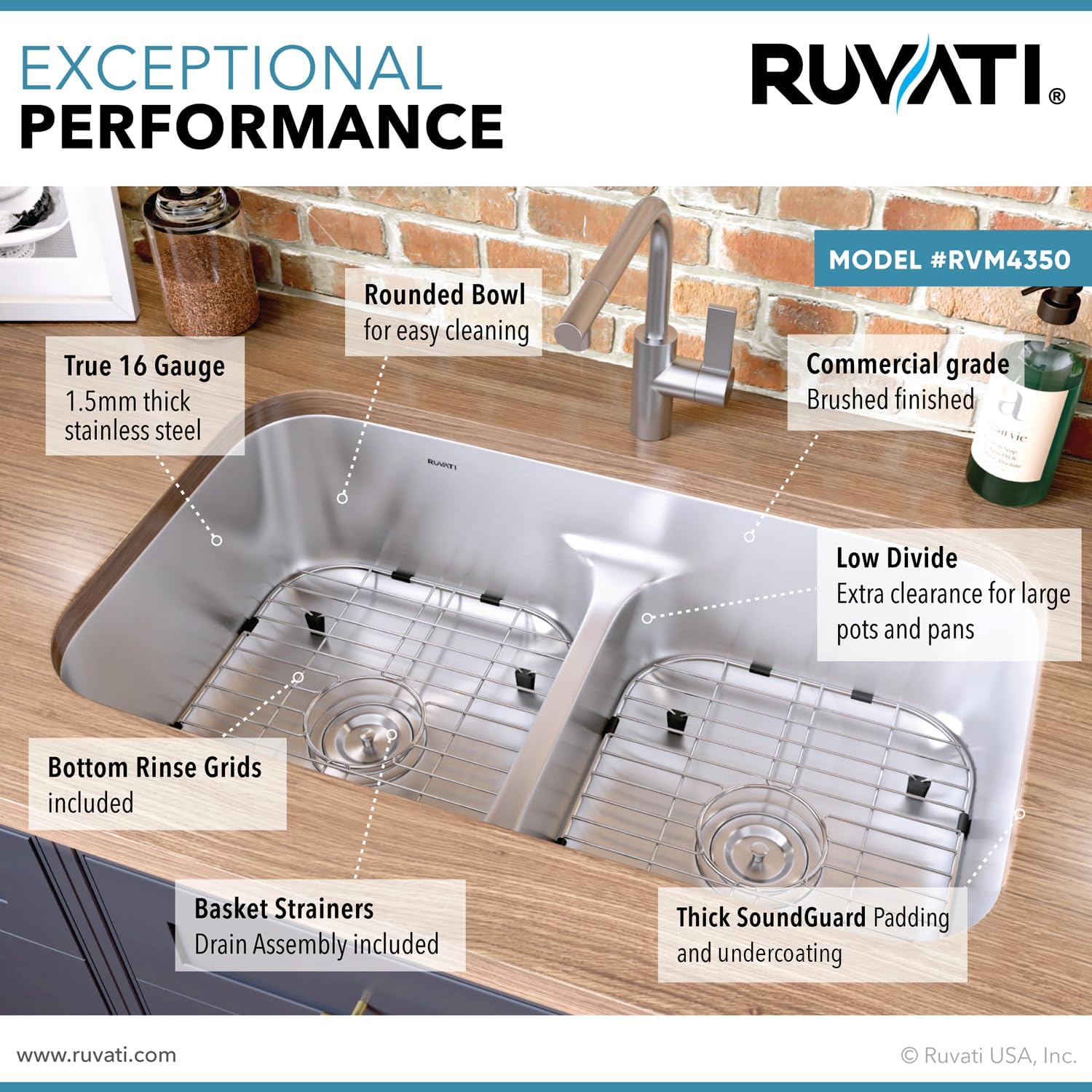 Ruvati 32-inch Undermount Kitchen Sink – 50/50 Double Bowl Kitchen Sinks, 16 Gauge T-304 Stainless Steel Kitchen sink with Brushed Finish hides scratches – RVM4350