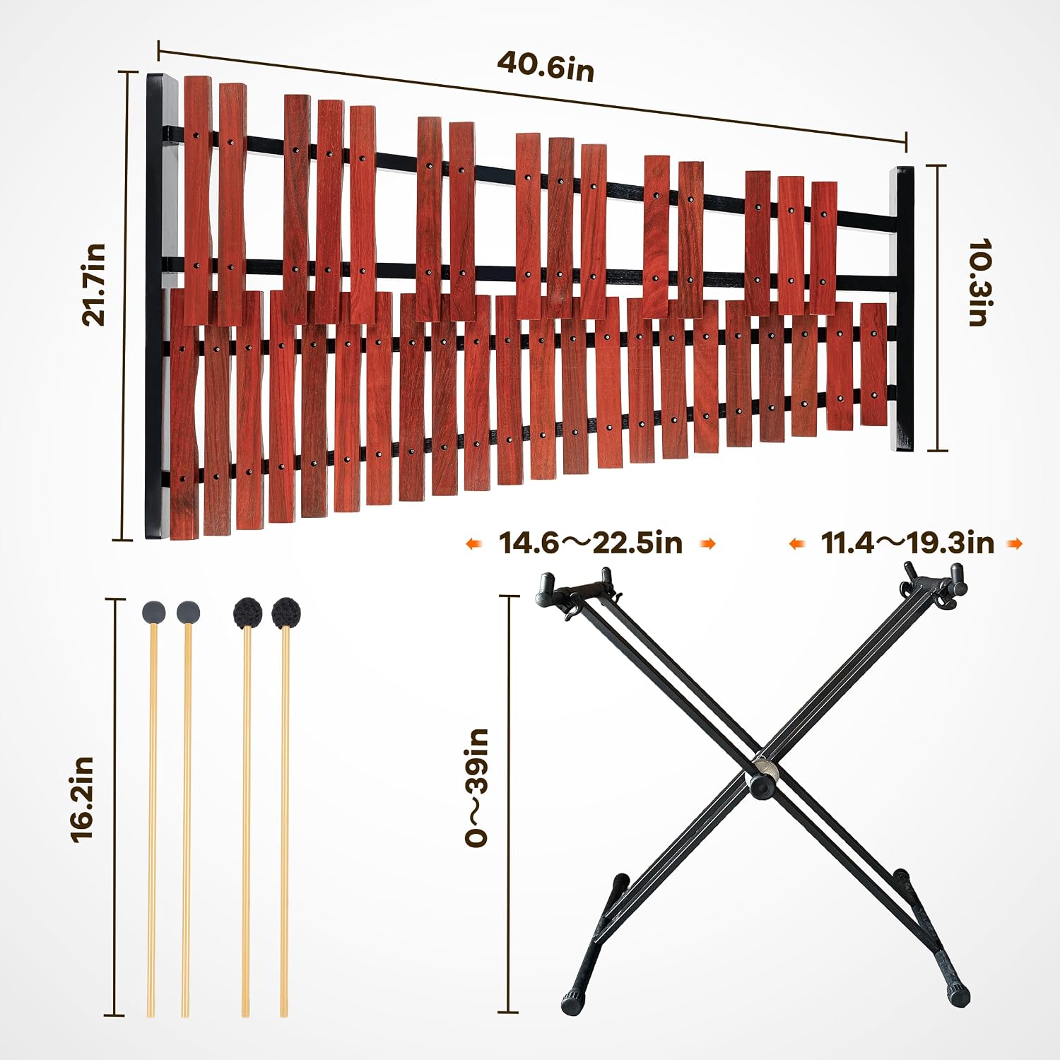 37 Note Xylophone Professional Wooden Glockenspiel Xylophone With Height Adjustable Stand,4 Mallets,Hand Bell and Carry Bag (40.6 inch)