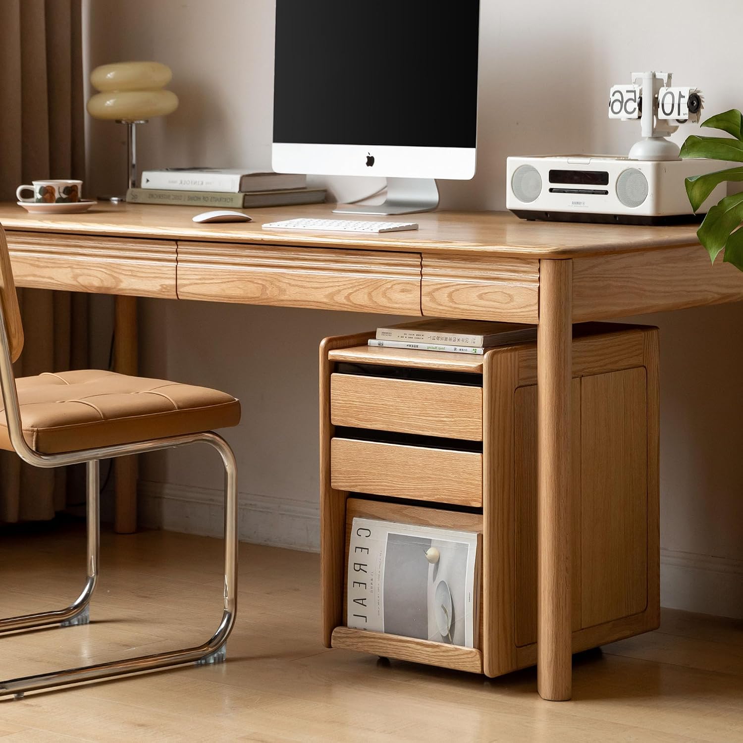 YESWOOD Solid Oak Wood Side Table with Wheels, Rolling Side Table with Storage, Narrow Bed End Tables for Bedroom, Living Room, Study(Natural, 19.69' D x 14.96' W x 22.76' H)