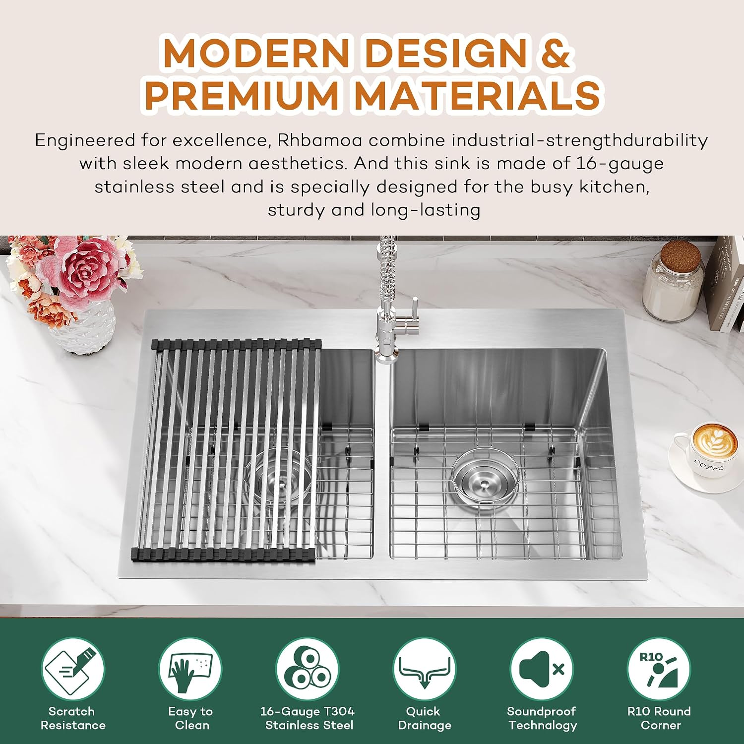 Rhbamoa Double Bowl Drop In Kitchen Sink 33x22,16-Gauge T304 Stainless Steel Topmount Kitchen Sink,50/50 Double Bowl Kitchen Sinks,Deep Sinks with All Accessories, Brushed Finish